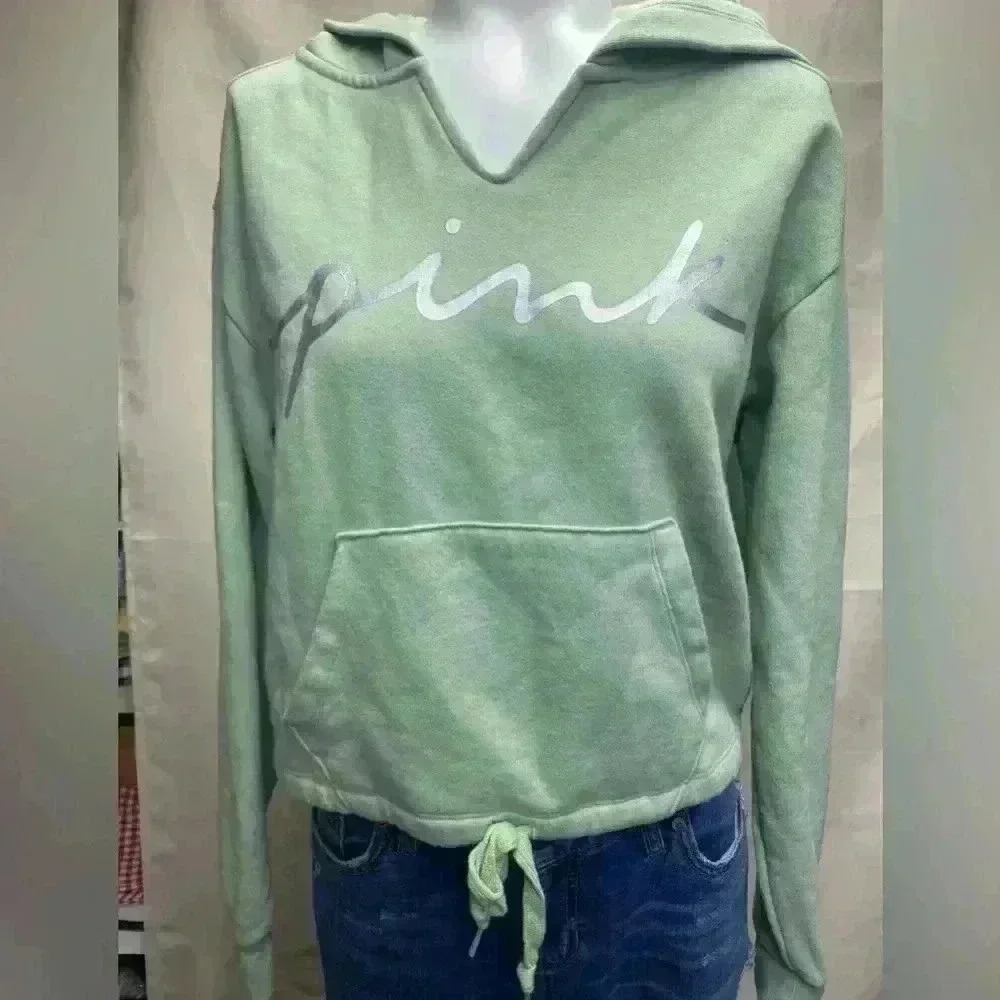 Victoria's Secret PINK Women's Mint Green and Silver Hoodie